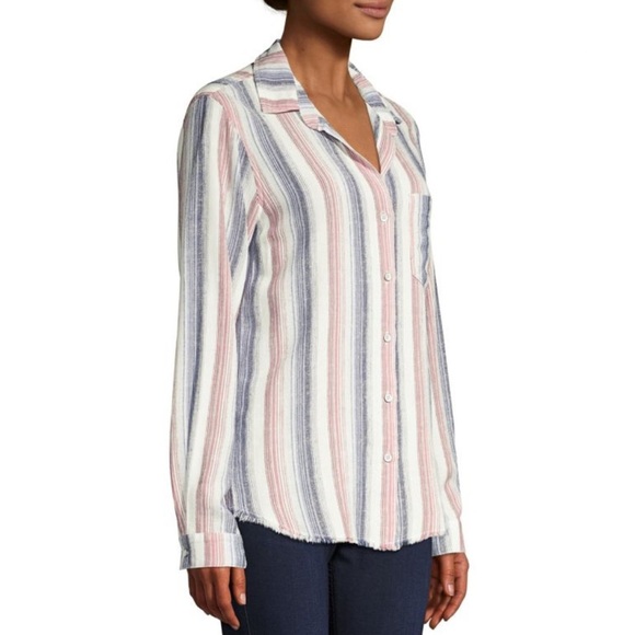 Bella Dahl Striped Linen-Blend Collared Blouse Button Up Blue Pink Size Large - Picture 2 of 11